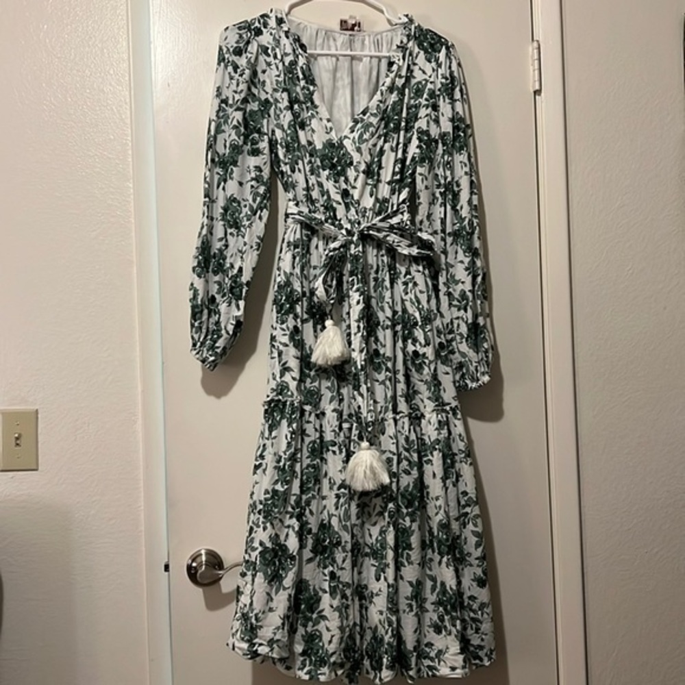 Mille Resort & Travel Marlo Midi Dress in Green Bouquet Puff Sleeve Sash Tie S